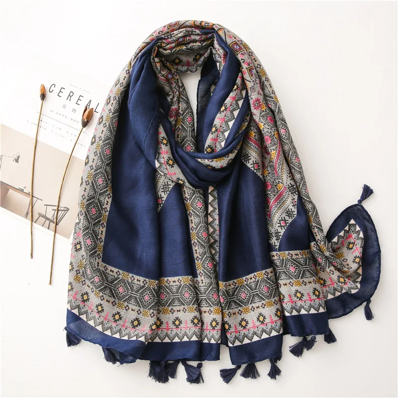 Brand Design Long Head Hijab Scarf with Tassels White Cotton Linen Scarf Shawls Wraps Women Elegant Printed Towel Scarves