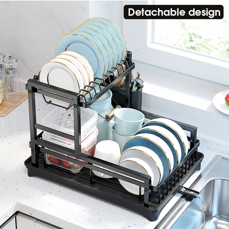 Double Layer Expandable Metal Wire Adjustable Custom Plate Bowl Dish Drying Rack Shelf over Sink with Draining Board Tray