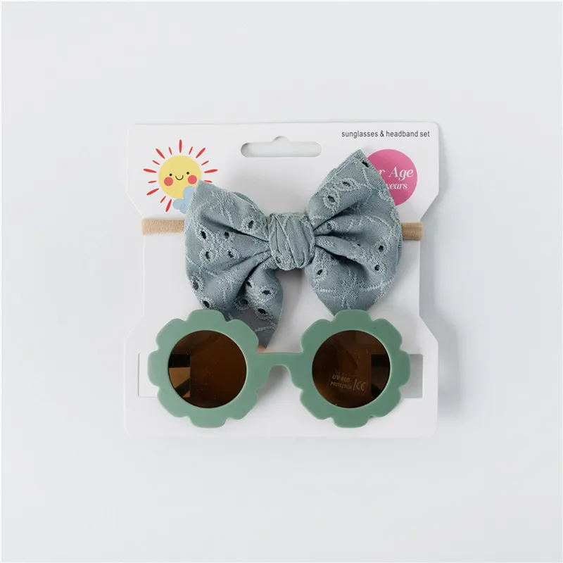 Newborn Baby Hair Accessories Hollow Bow Baby Headband and Sunglasses Set