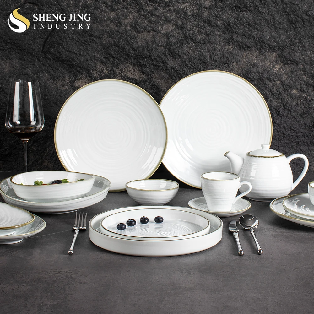 Nordic White Ceramic Glaze With Green Rim Plato Hotel Thread Porcelain Dinnerware Pottery Serving Dish For Restaurant Tableware