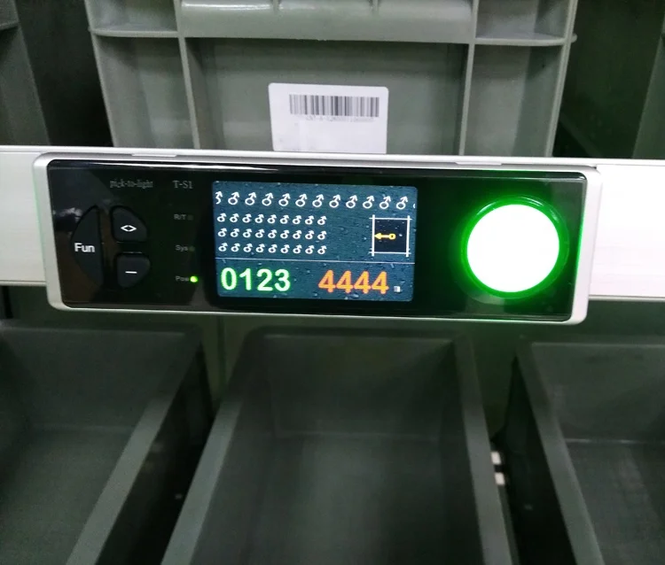 Sophia storage bin pick to light PTL modules with screen display for rack shelf
