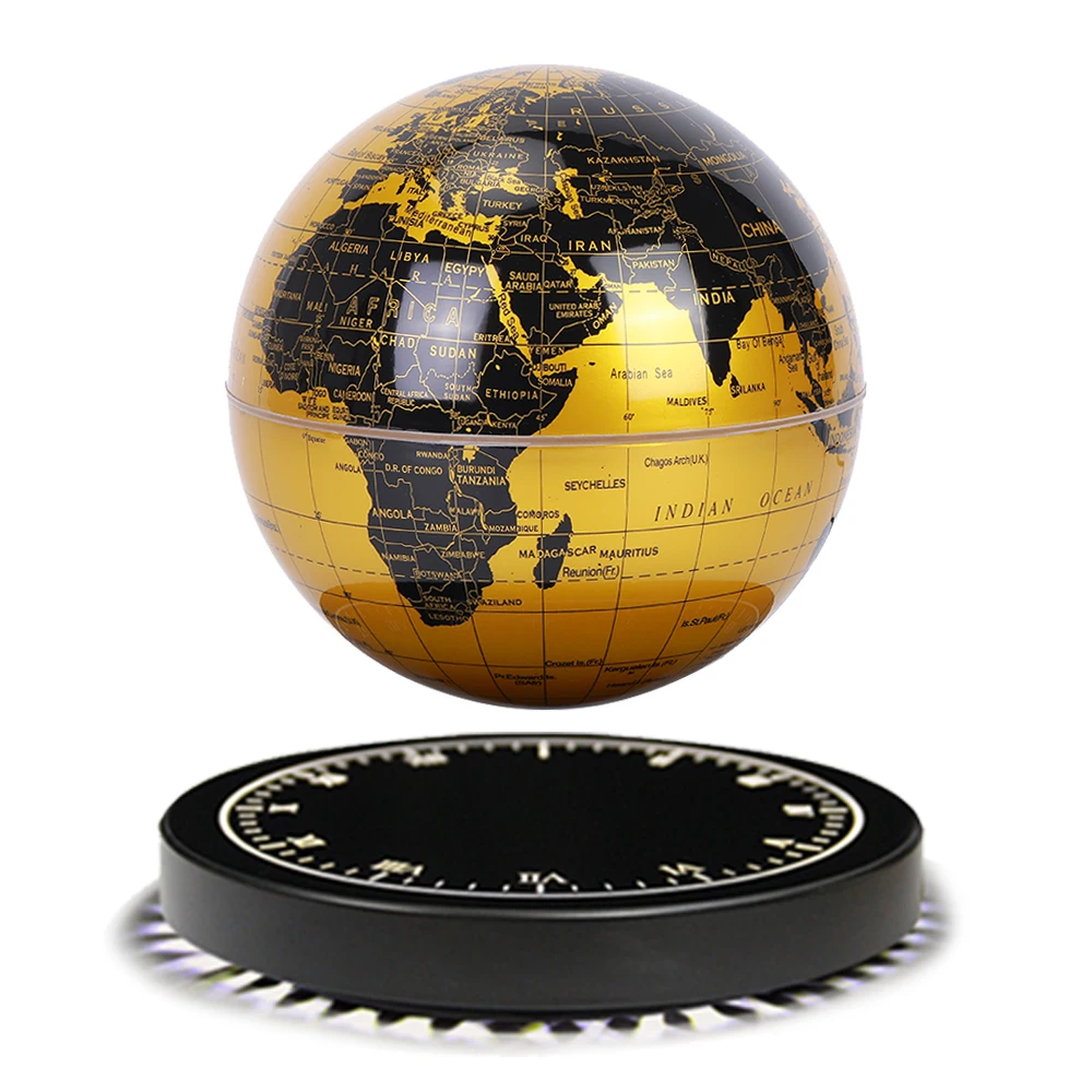 Round Clock Base 14cm 6 Inch Desk Table Golden English Rotating World Map Magnetic Levitating Floating White LED Light Globe