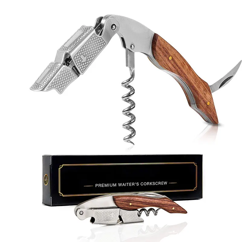 Sinowin Oem Professional Customized Logo Gift Box Cork Screw Wooden Wine Bottle Opener Rosewood Waiters Corkscrew