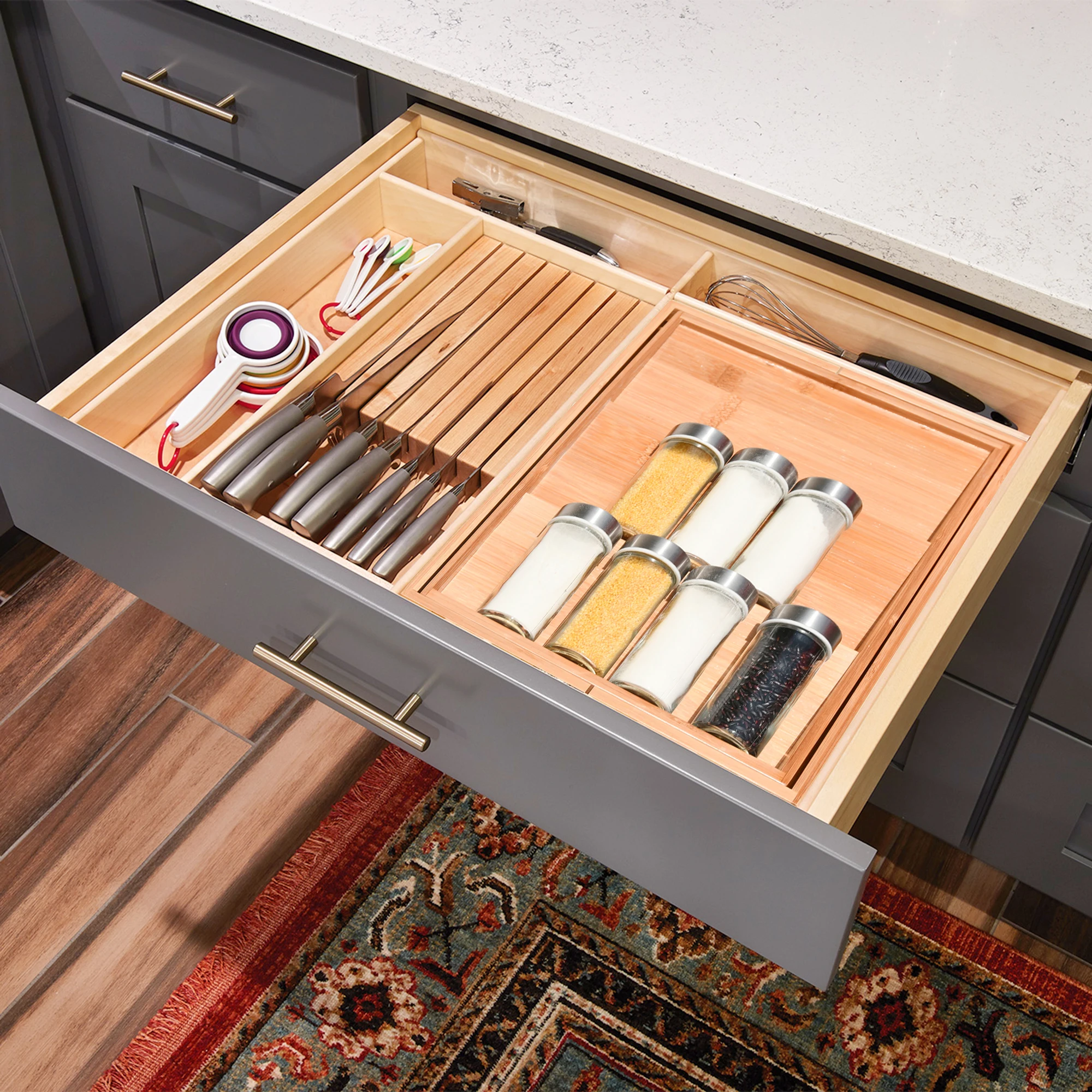 Expandable 3 Tier Display  Spice Shelf Bamboo Drawer Cutlery Organizer for Kitchen Cabinet