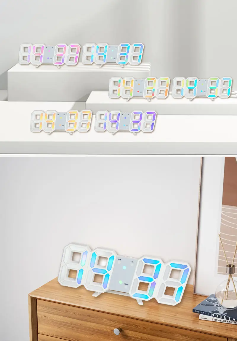 Color Rgb 3d Led Wall Watch Alarm Clock Desk & Table Clocks Brightness Adjustable Table Wall Digital Clock Home Decor - Buy