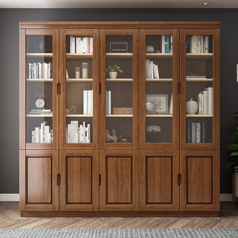 Contemporary Chinese Charm: Solid Wood Bookcase with Glass Shelves & Storage Cabinets