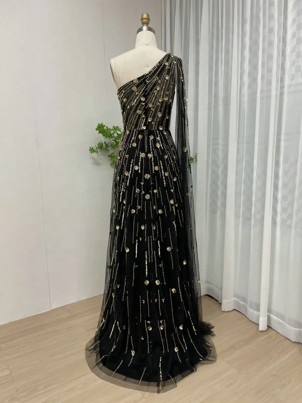 2024 Latest Elegant Beaded Sequin One Shoulder Cape Sleeve A Line Dubai Evening Gowns Prom Dress Vestidos De Fiesta Wholesale
