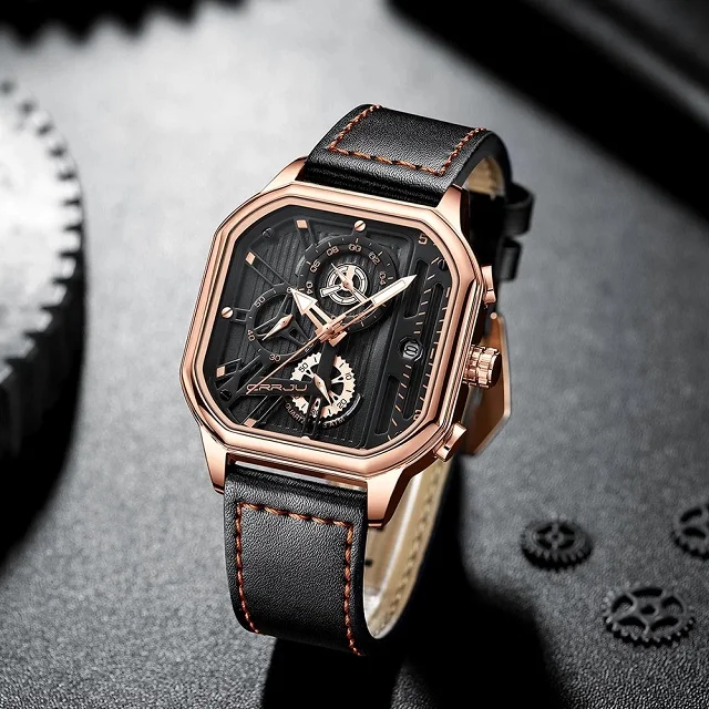 CRRJU Fashion Square Dial Leather Mens Sport Waterproof Chronograph Quartz Watch