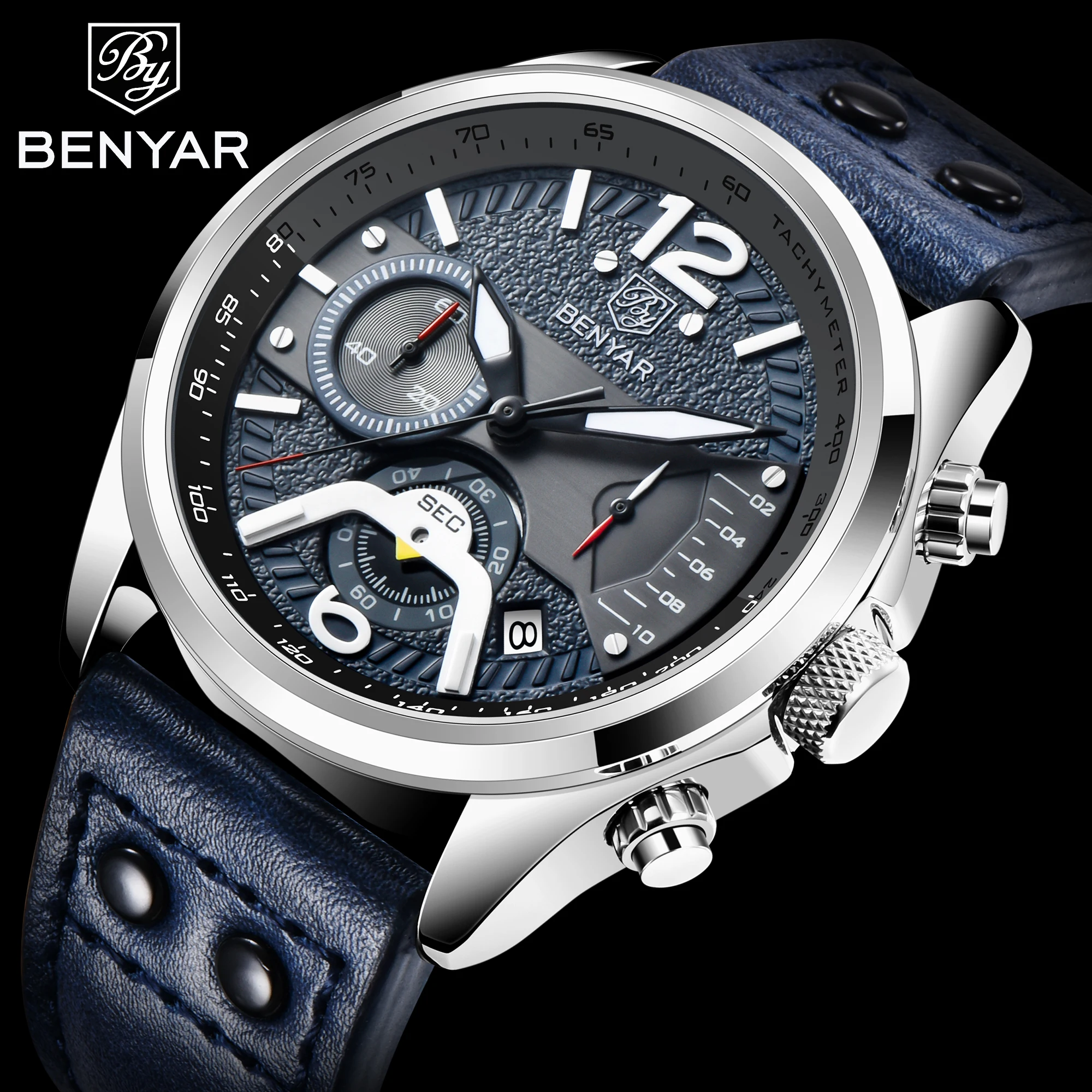 BENYAR Brand big genuine leather strap quarts Watch for man and boys
