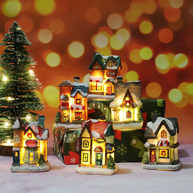 LED Resin Christmas Village Ornaments Set Figurines Decoration Santa Claus Pine Needles Snow View House Holiday Gift Home Decor