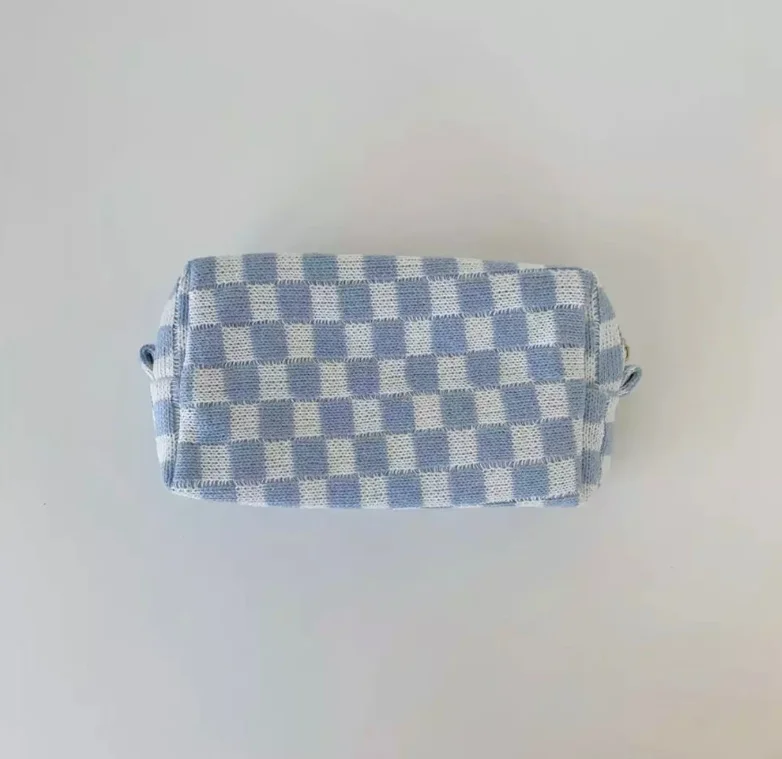 Personalized Chenille Patch Checkered Cosmetic Bag Checker Travel Makeup Bag