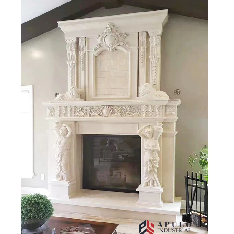 Two Tiers Natural Stone Carving Cultured Surround Black White Beige Electric Marble Slab Fireplace Mantel Griotte With Cherub