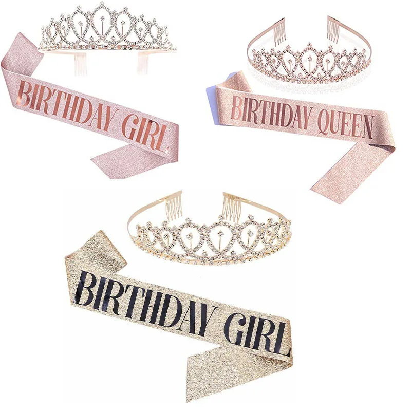 Rose Gold Princess Happy Birthday Crown 21st 30th 40th 50th Birthday Girl Birthday Sash and Crown Kit Party Decoration
