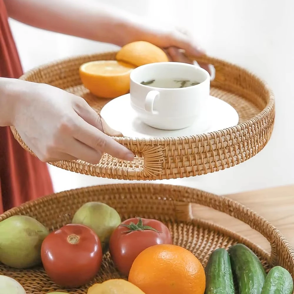 Round Rattan Serving Tray Vietnam Handmade Tray Rattan