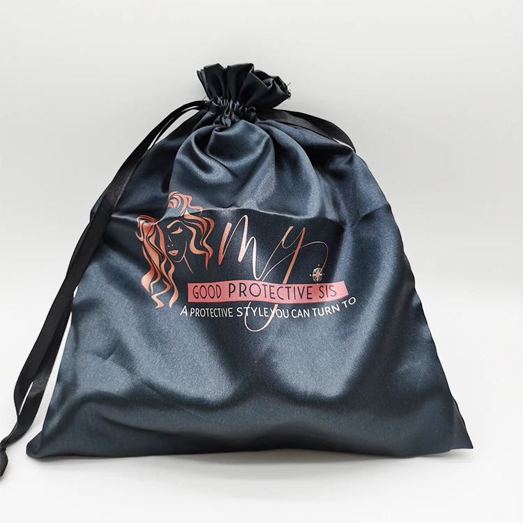 Black Satin Hair Bag Custom Logo Wholesale Silk Wig Packaging Bags