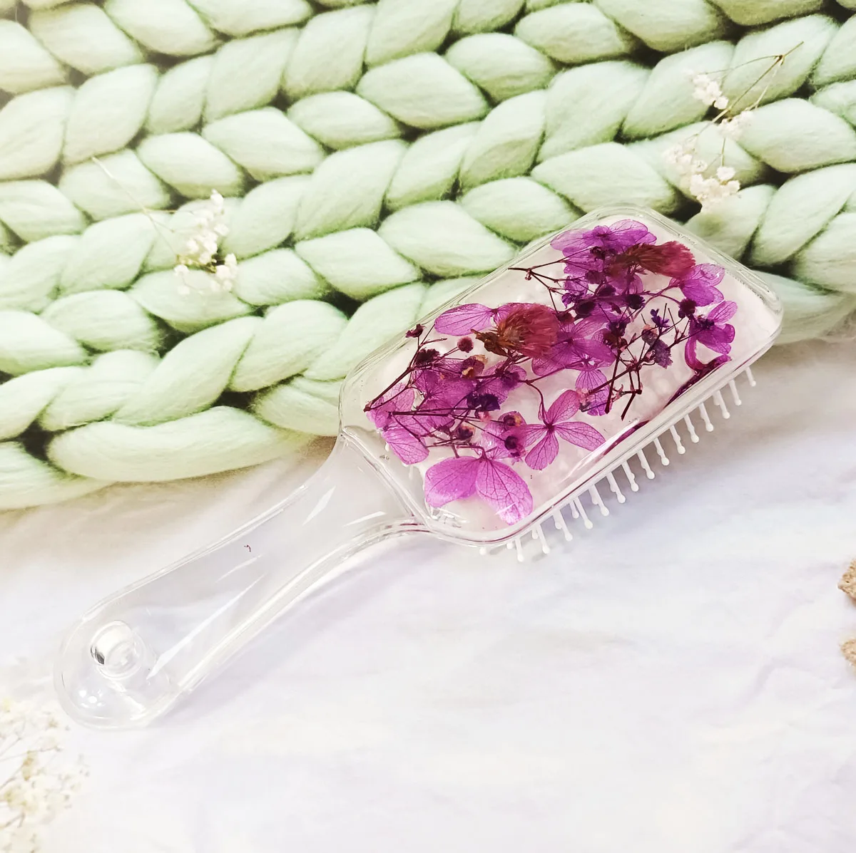 Massage Relax Natural Purple Flowers Stylish Air Cushion Magic Salon Square Acrylic Hair Brush for Home Decoration