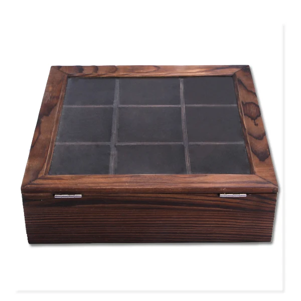 
wooden tea box with 9 partitions,pine box with glass lid,tea box with hinged lid 
