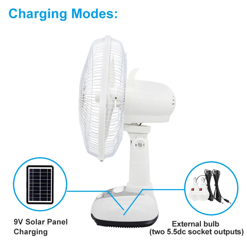 12 Inch Battery Fan Solar Charge Table Fan USB Power Bank Function Led Light Solar Rechargeable Fan For Emergency