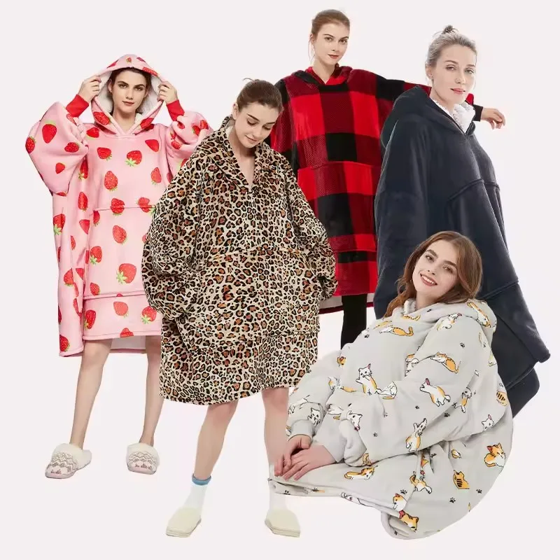 Luxury Giant Cozy Double-deck Luxury Giant Flannel Sleeping Plush Hoodie Blanket For Winter Big Wearable Blanket Hoodie