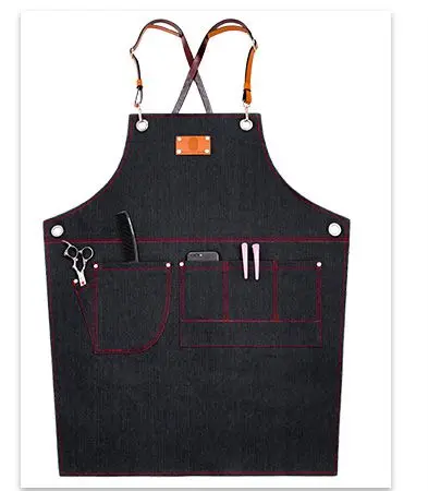 wholesale Custom denim working apron leather strap jean apron with pockets for flower shop and coffee shop