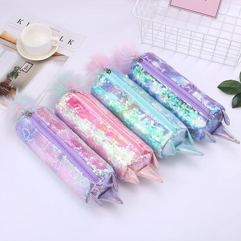 Student candy color sequin cartoon pencil case stationery storage bag laser plush pencil case wholesale