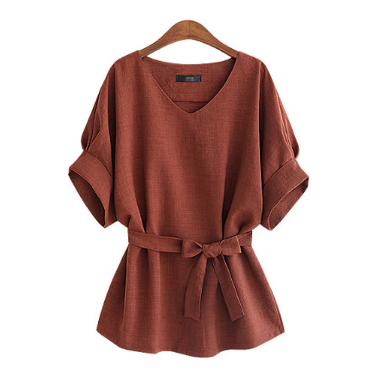 Summer Women Blouses Linen Tunic Shirt V Neck Big Bow Batwing Tie Loose Ladies Blouse Female Tops