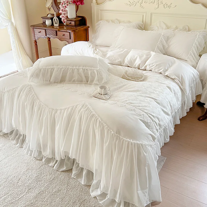 Romantic White Lotus Bridal Bedding Set 100% Cotton Duvet Cover and 3pcs Sheet Modern Style for Home Wedding Bed