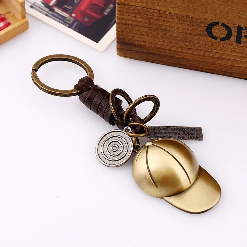 K119 Punk Alloy Baseball Cap Keychain Leather Braided Hat Key Chain Door Car Key Tag Ring Gifts for Baseball Lover