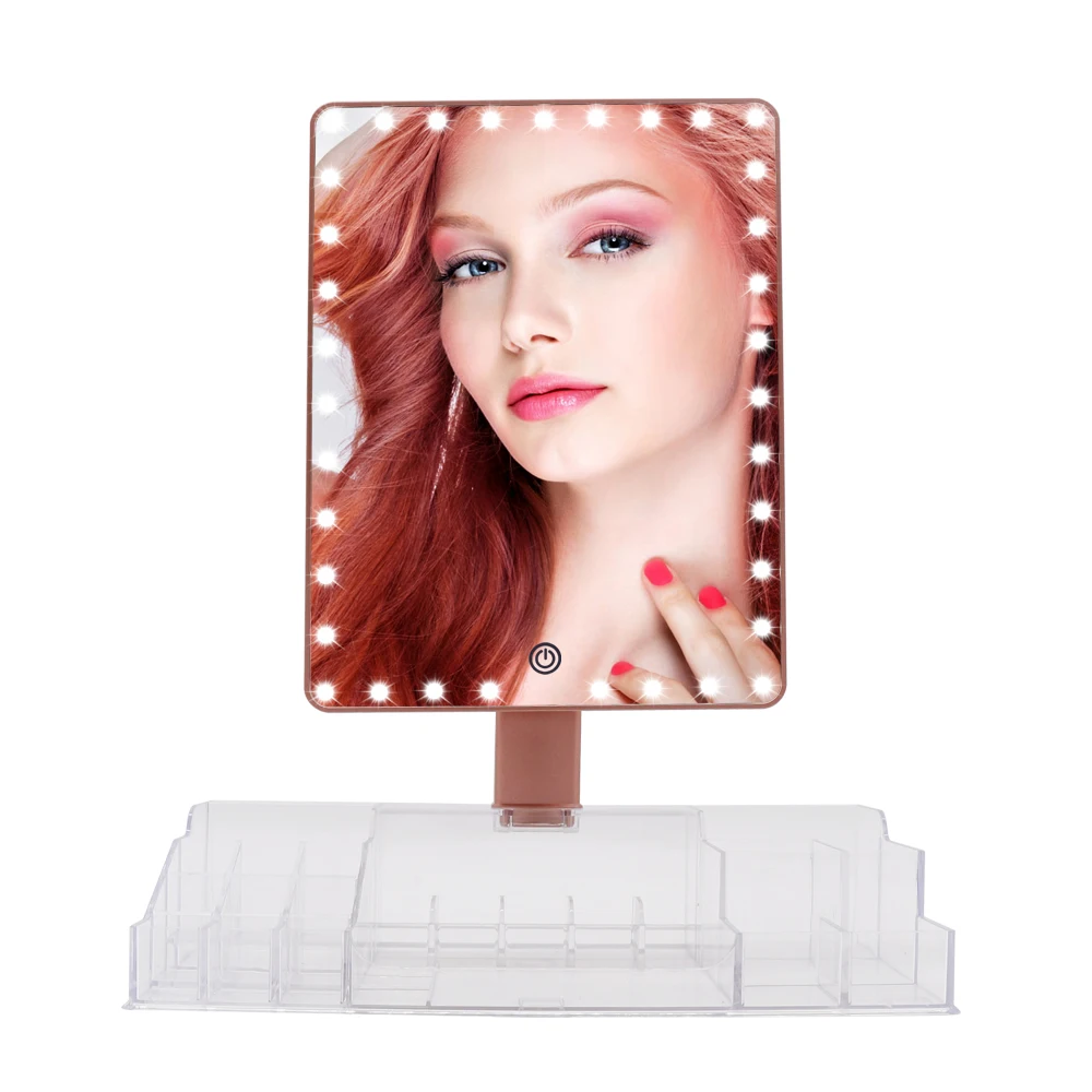 360 Degree Rotate Single Side Mirror With Organizer Cosmetic Makeup Storage Box With LED Mirror