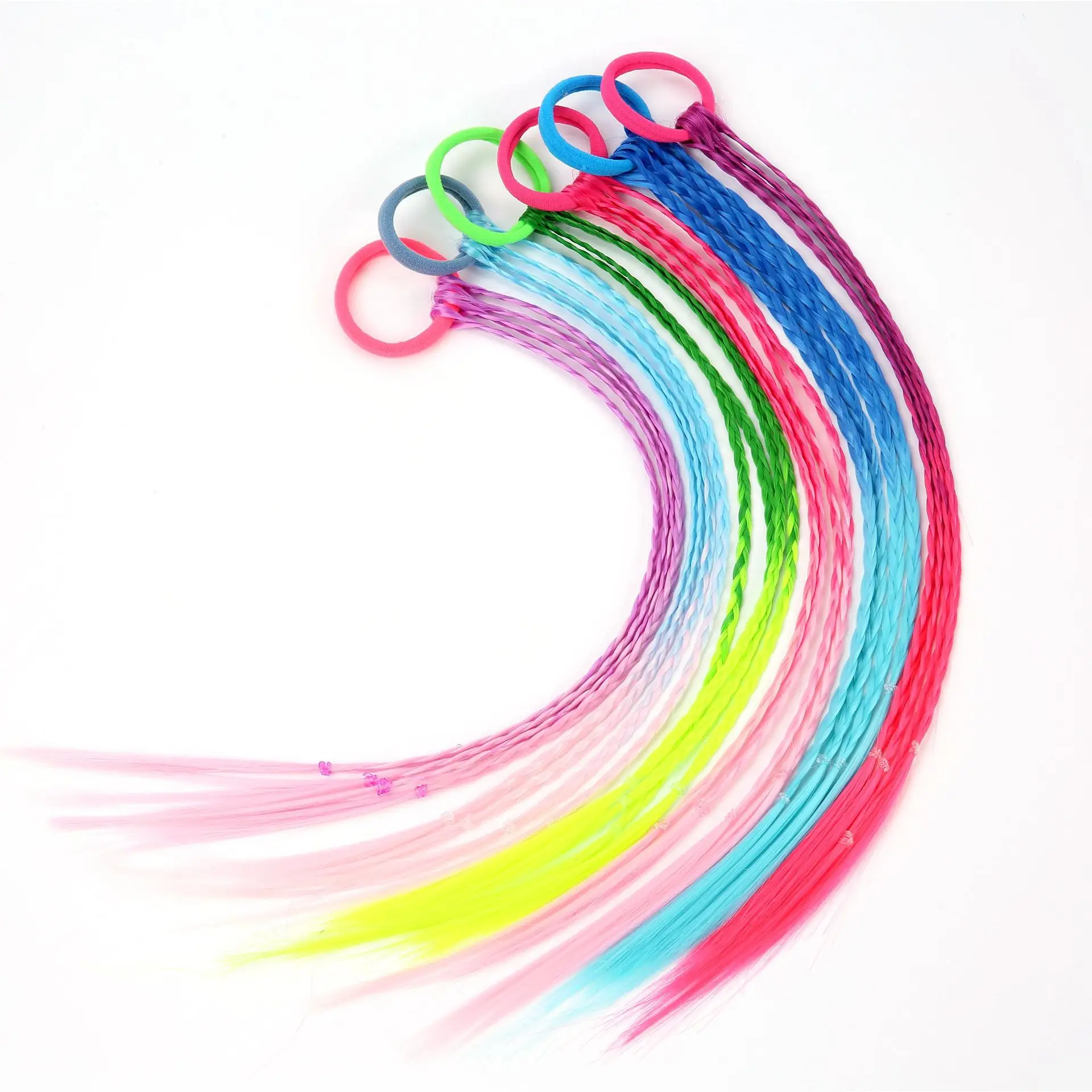 Colored Braids Hair Extensions Braided Synthetic Hairpieces Ponytail Hair Accessories Rainbow with Rubber for Kids