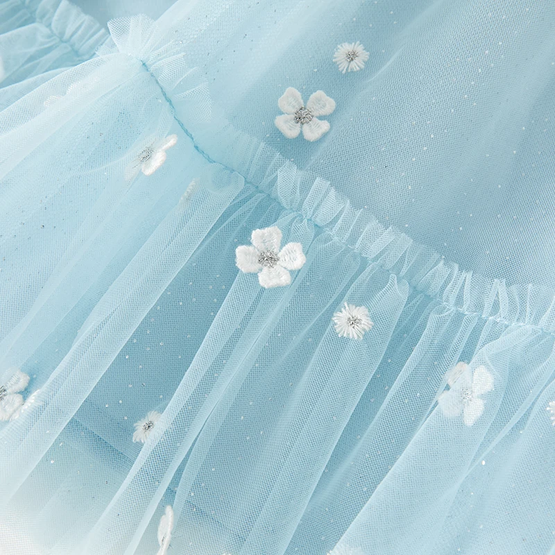 DB2235480 DAVE BELLA Summer Children Girls Fashion Water Droplet Buckle Light Blue Mesh Small Flower Decoration Princess Dress