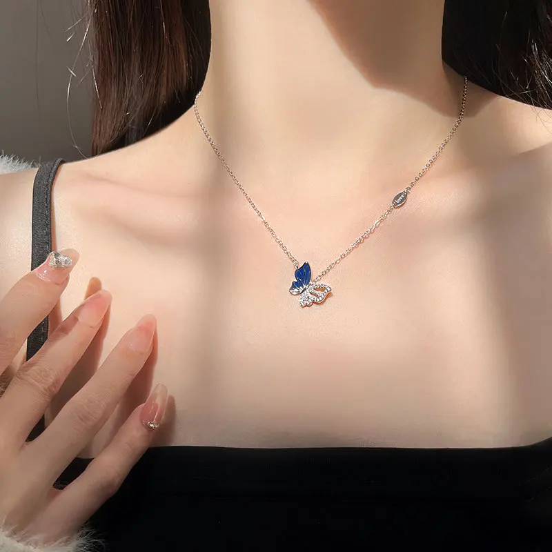 Flying Blue Butterfly Necklace 925 Sterling Silver Hollow Design  925 Sterling Silver Cubic Zirconia Dainty White Gold Plated