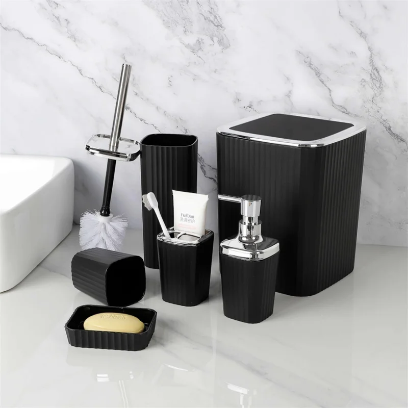Europe Style 6 Piece Luxury Matte Black and Gold Modern Bathroom Accessories Set Plastic Home Metal Sleek Modern Bathroom Set