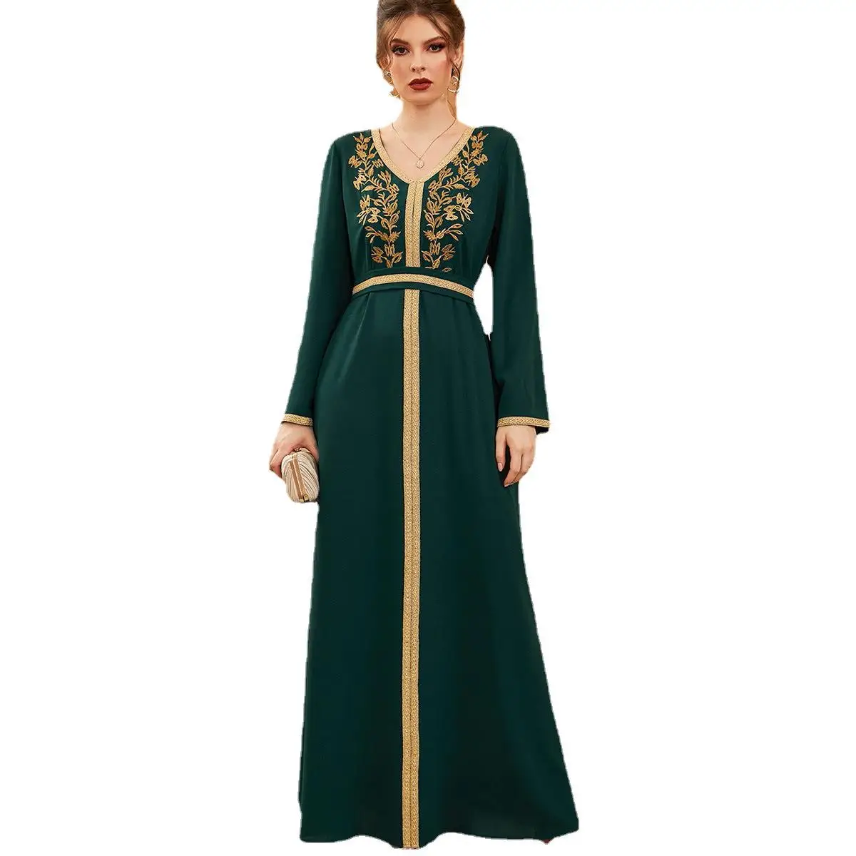 Good quality Eid green maxi embroidery party dresses evening elegance  womens plus size maxi dress