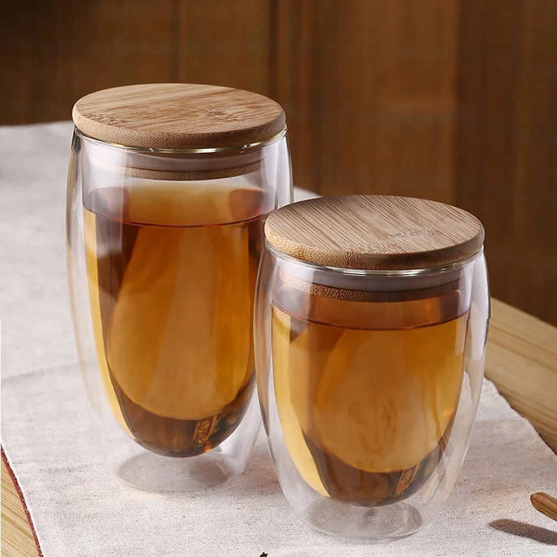 Factory Supplied DGCCRF Listed 450ML Hand-Blown Handless Double Wall  Glass Coffee Mugs With Bamboo Lid