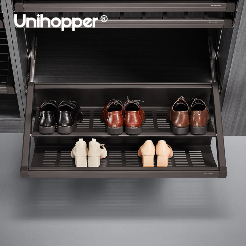 Unihopper Manufacturer High Quality Wardrobe Accessories Adjustable Pull Out Aluminum Shoe Rack for Shoe Cabinet