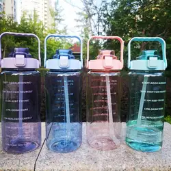 BPA Free 2l Half Gallon Clear Plastic Clear Plastic Sports Water Bottle with Time Marker and Straw for gym use