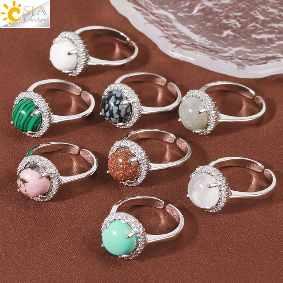CSJA Trendy Jewelry Luxury Zircon Ring Natural Stone Round Cabochon Turquoise Rose Quartz Crystal Rings For Women Teen Girl H263