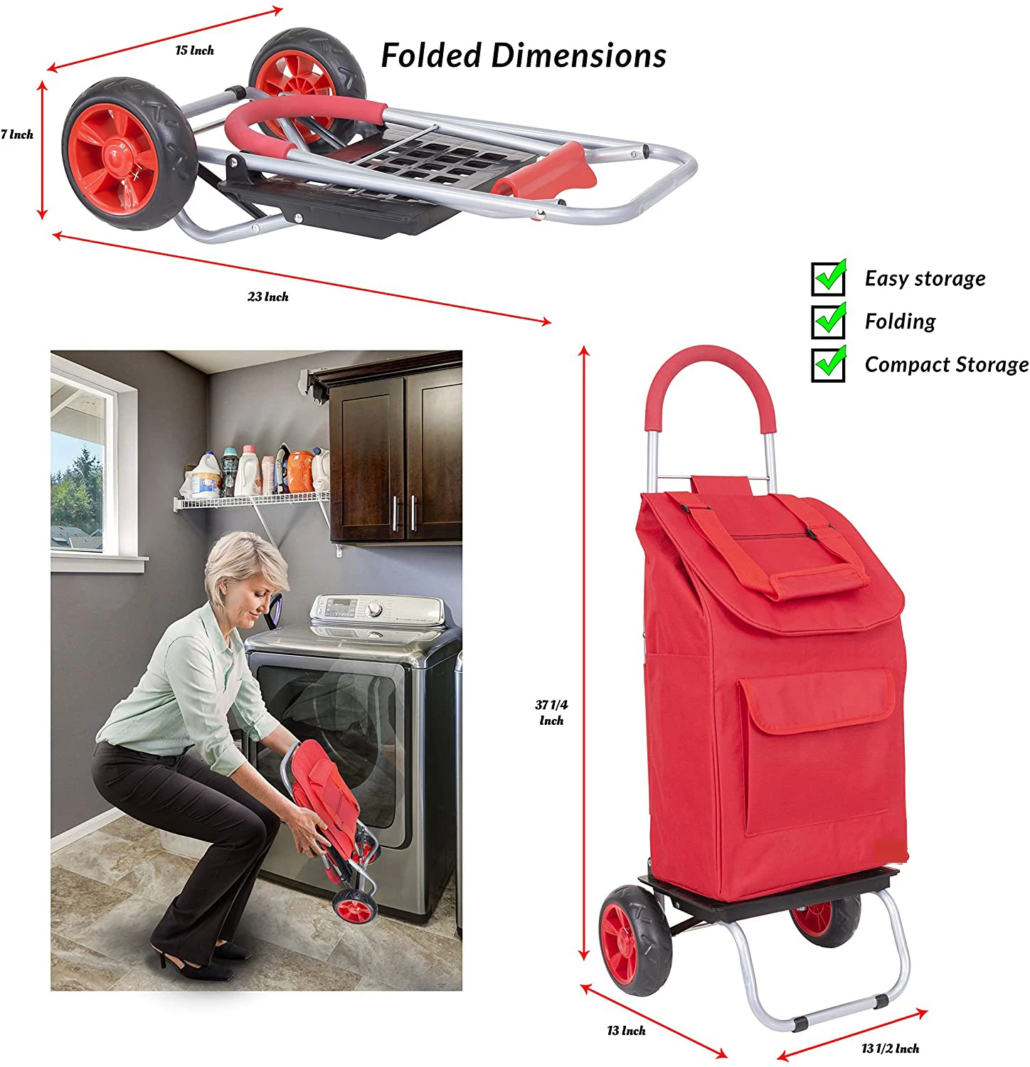 Trolley Red Foldable Shopping cart for Groceries with Wheels and Removable Bag and Rolling Personal Handtruck Standard Dolly
