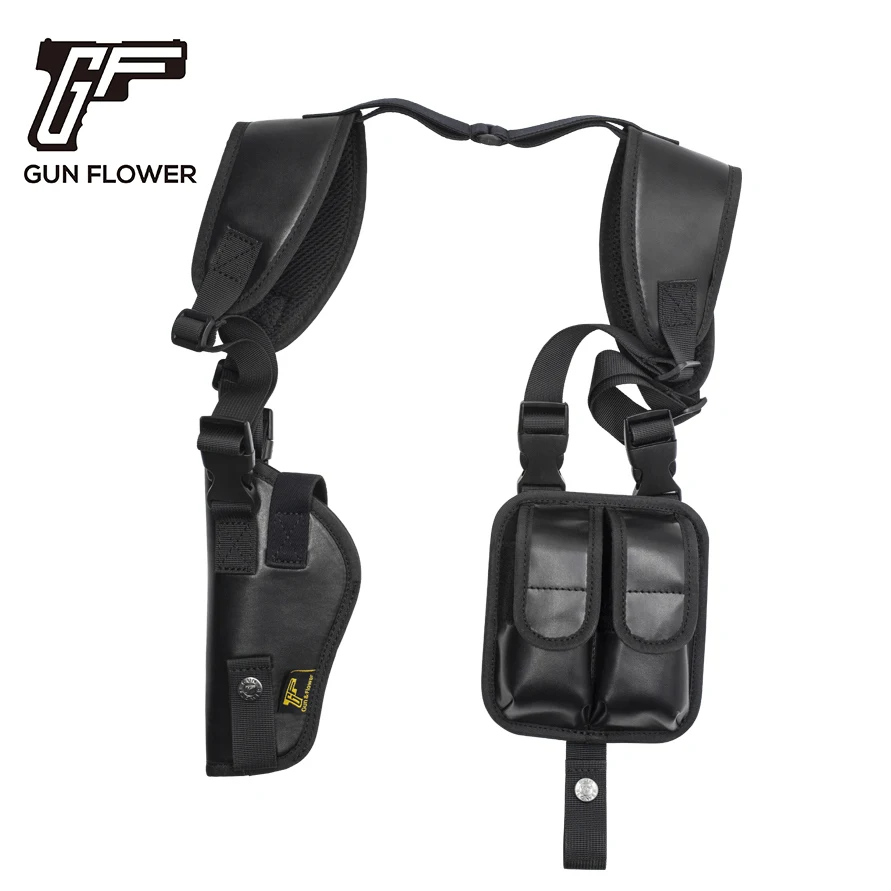 GunFlower Premium PU Leather shoulder holster with double Magazine Pouch Multi fit for Most  Models