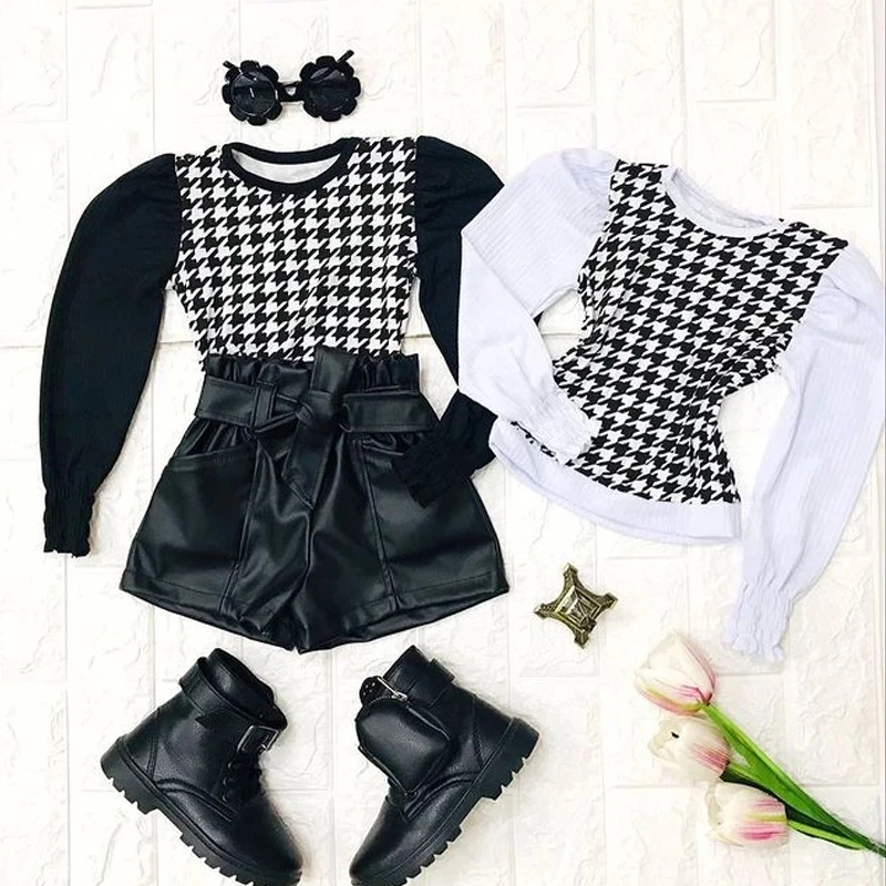 2021 New Design Kids Wear Autumn Fashion Children Clothes Set Plaid Printed Long Sleeve Tops PU Leather Bow Shorts Girls Outfit