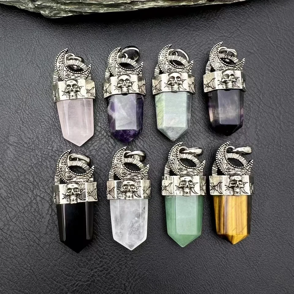 Vintage Moon Charm Reiki Healing Natural Amethyst Gemstone Crystal Sword Skull Pendant Halloween Gift for Women Men Friend SJ050