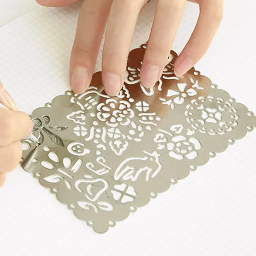 Custom Multifunctional Hollow Out Bookmarks Template Portable Stainless Steel Painting Drawing Graffiti Ruler Stencil