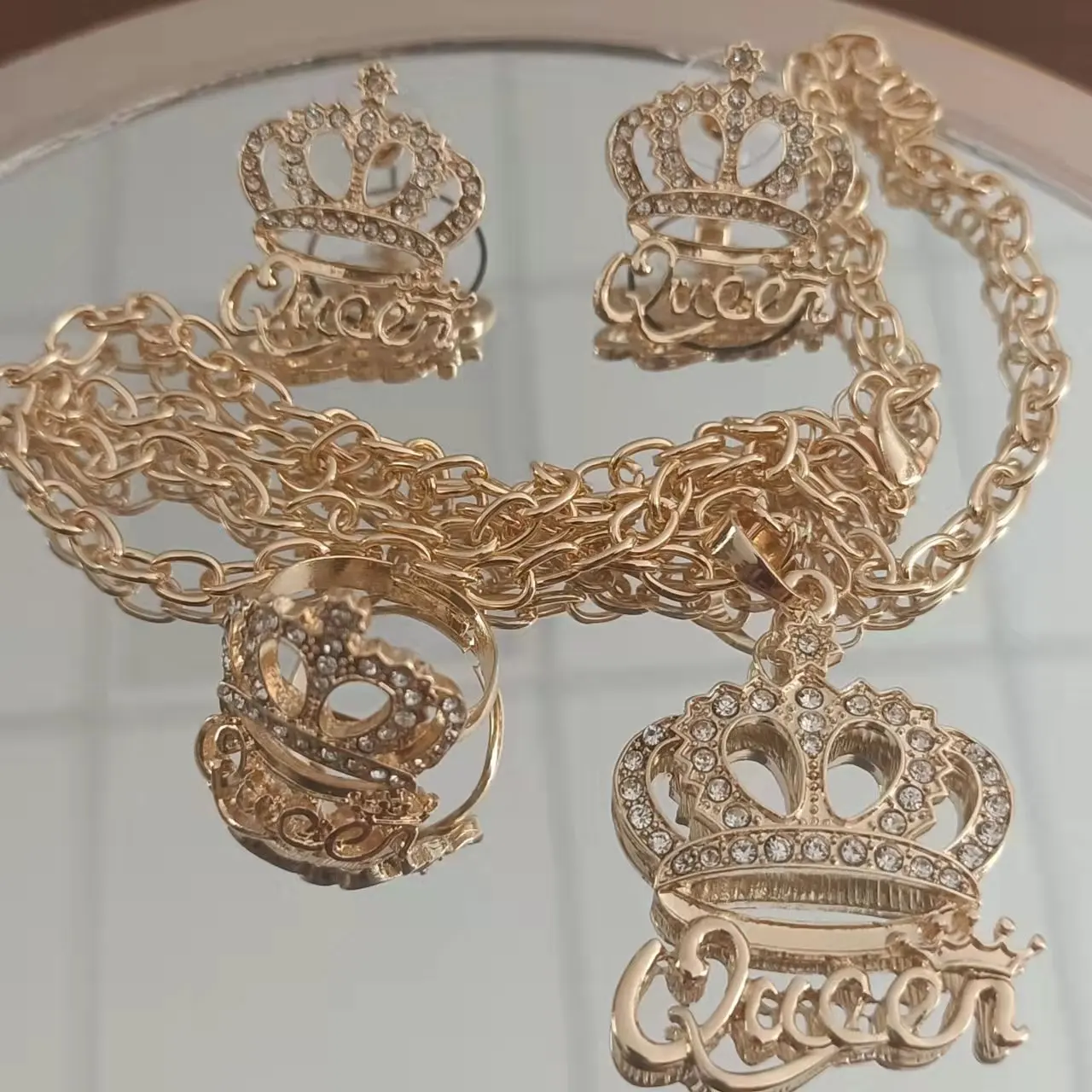 Wholesale Fashion Accessories Big Queen  Crown Diamond Jewelry Set with Earring Necklace and Ring