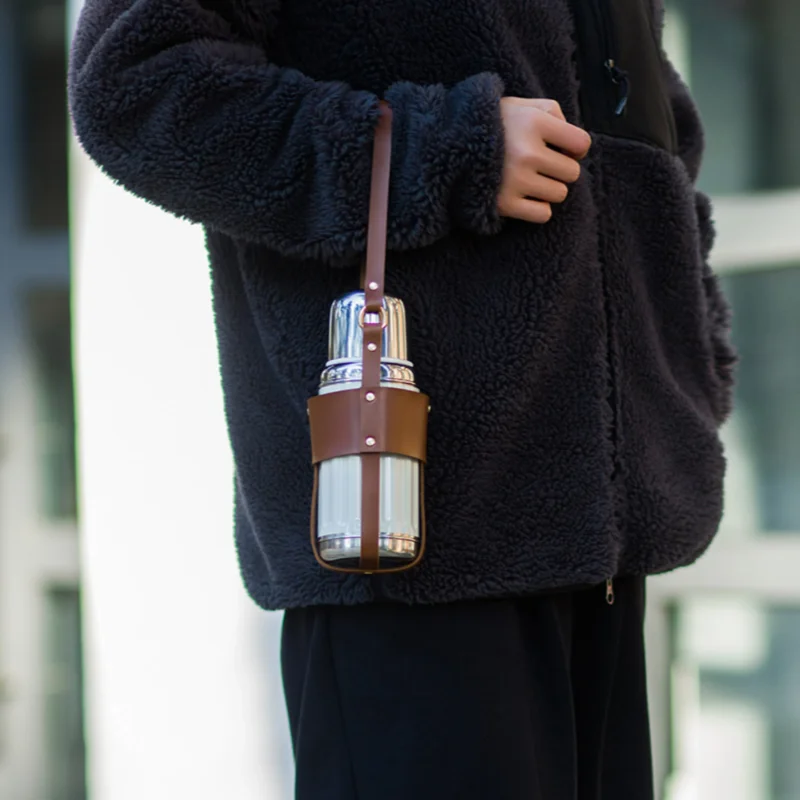 Retro Japanese Style PU Leather Cup Sleeve Portable Water Bottle Holder 500ML Cup Holder for Thermos