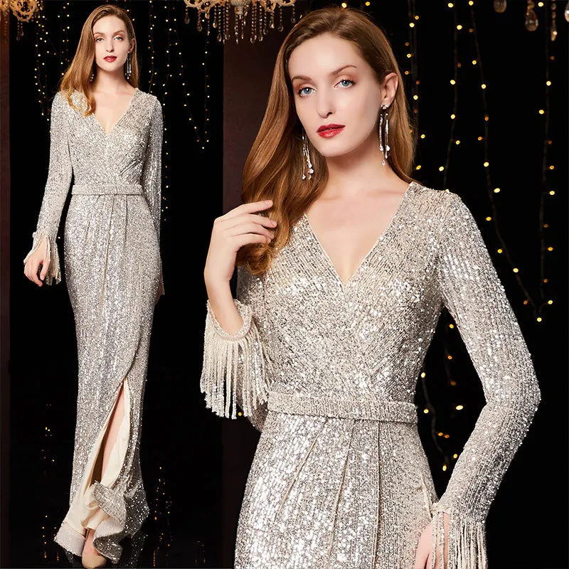 High end ladies sparkling long sleeve long sequined mermaid party dressing evening gowns dropshipping fullfill