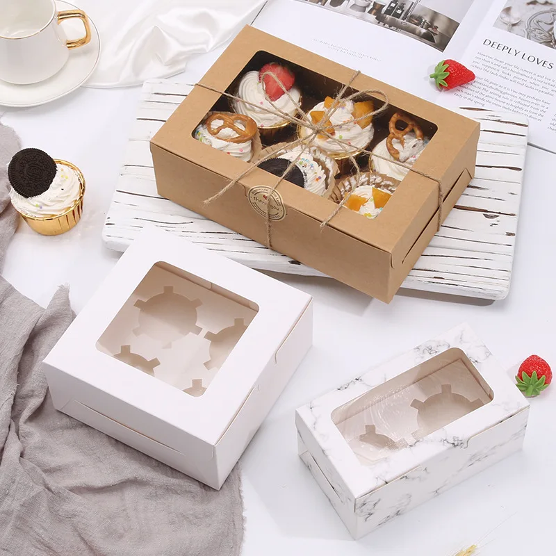 Wholesale Food Box Window White Marble Kraft Paper Take Away Bake 12PCS  Cupcake Box for Bakery
