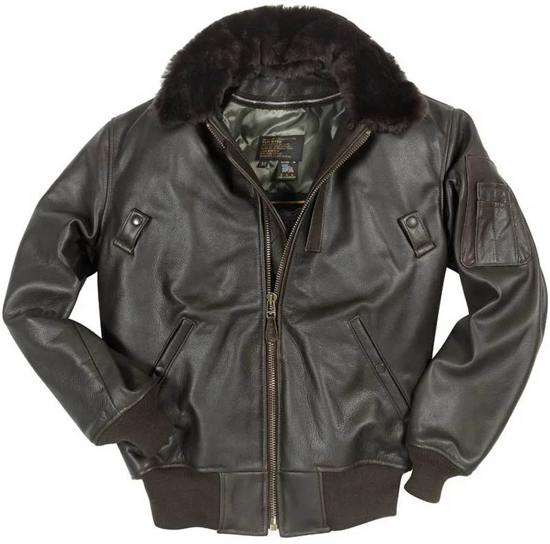 Removable fur collar design custom genuine leather litchi grain texture pilot uniform mens flight bomber jacket