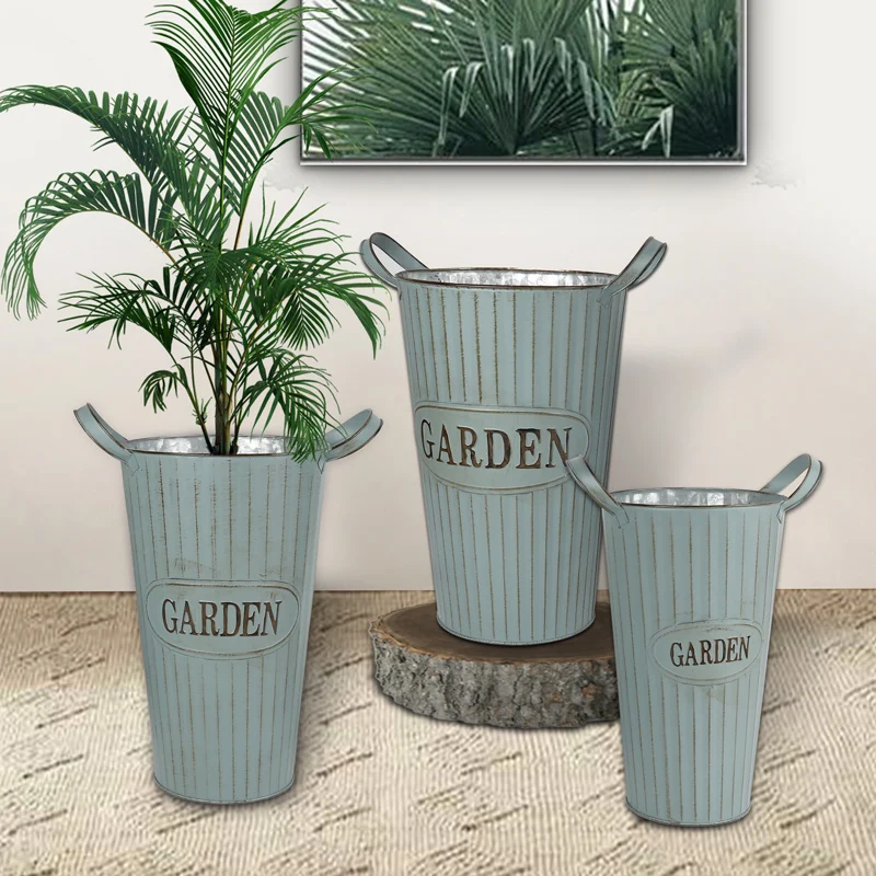 Set of three large vintage and distressed metal vases home decor flowers vase and pots