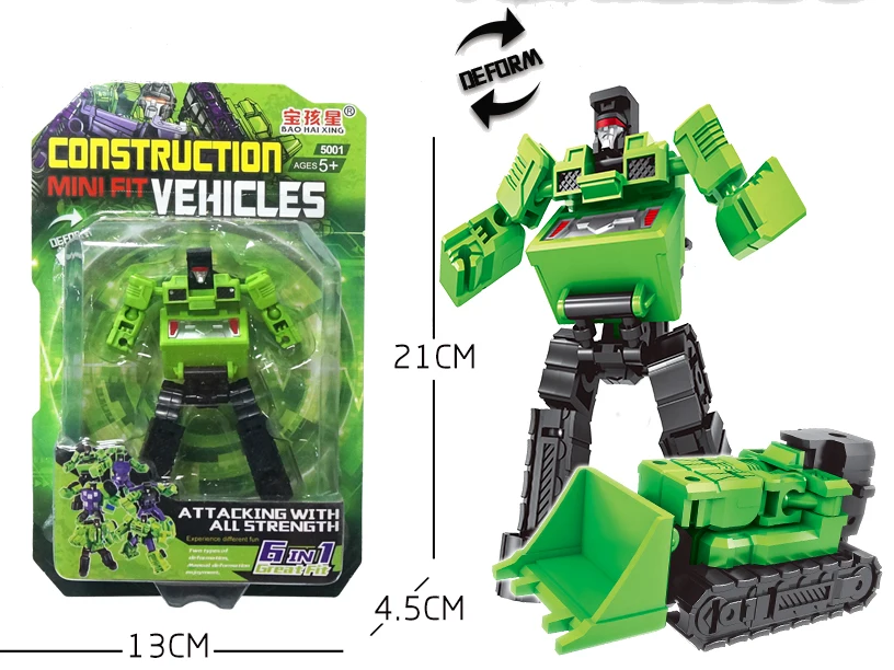Green Color plastic Engineering Hybrid robot individual packaging 6 in 1 combination transform toy robot for kid